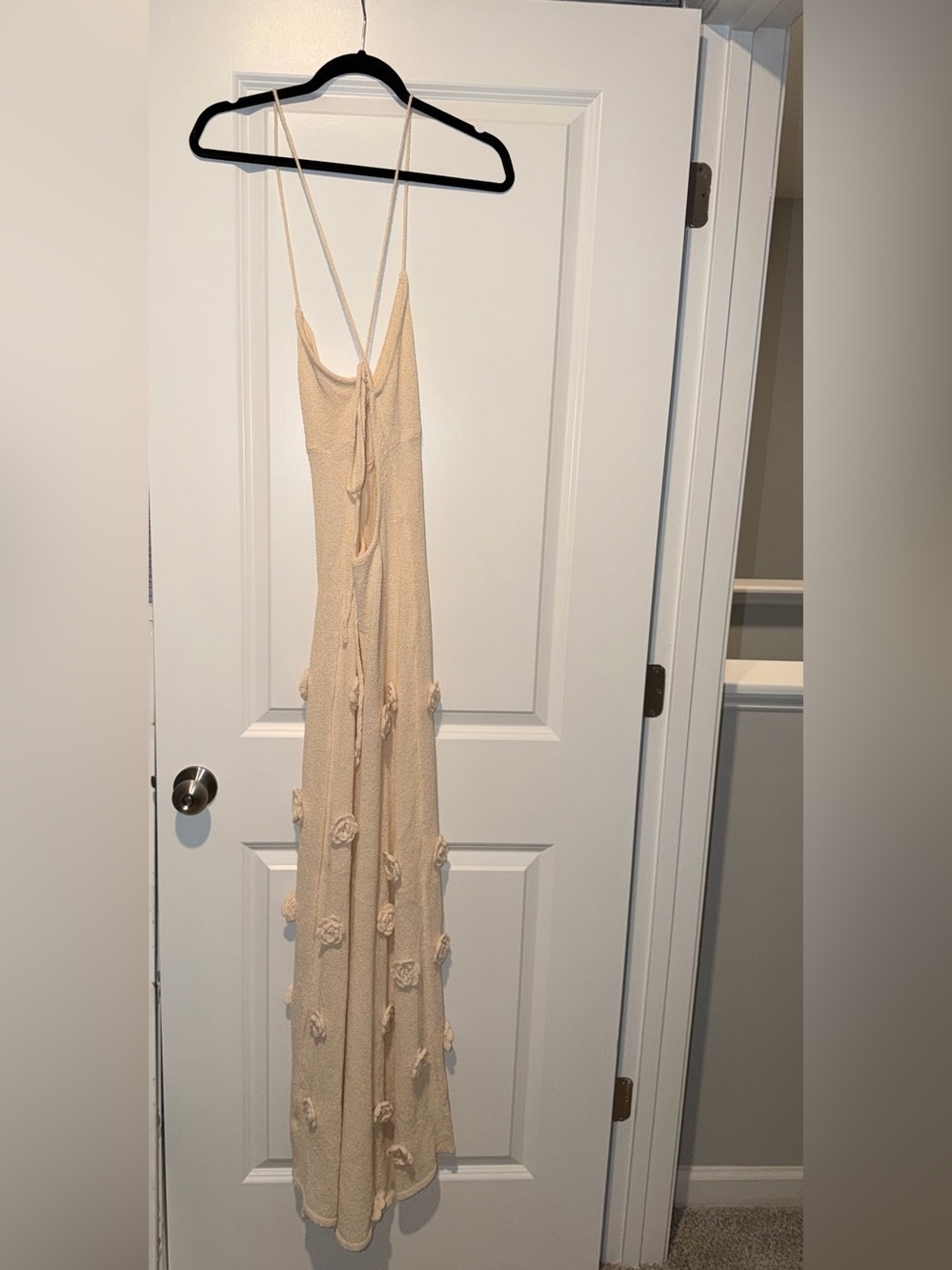 Meshki Cream Spaghetti-Strap Maxi Dress with Floral Rosette Detail